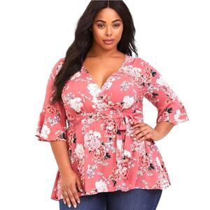 NWOT TORRID Multi- Color Floral Challis Surplice Tie- Front Babydoll Blouse 2X